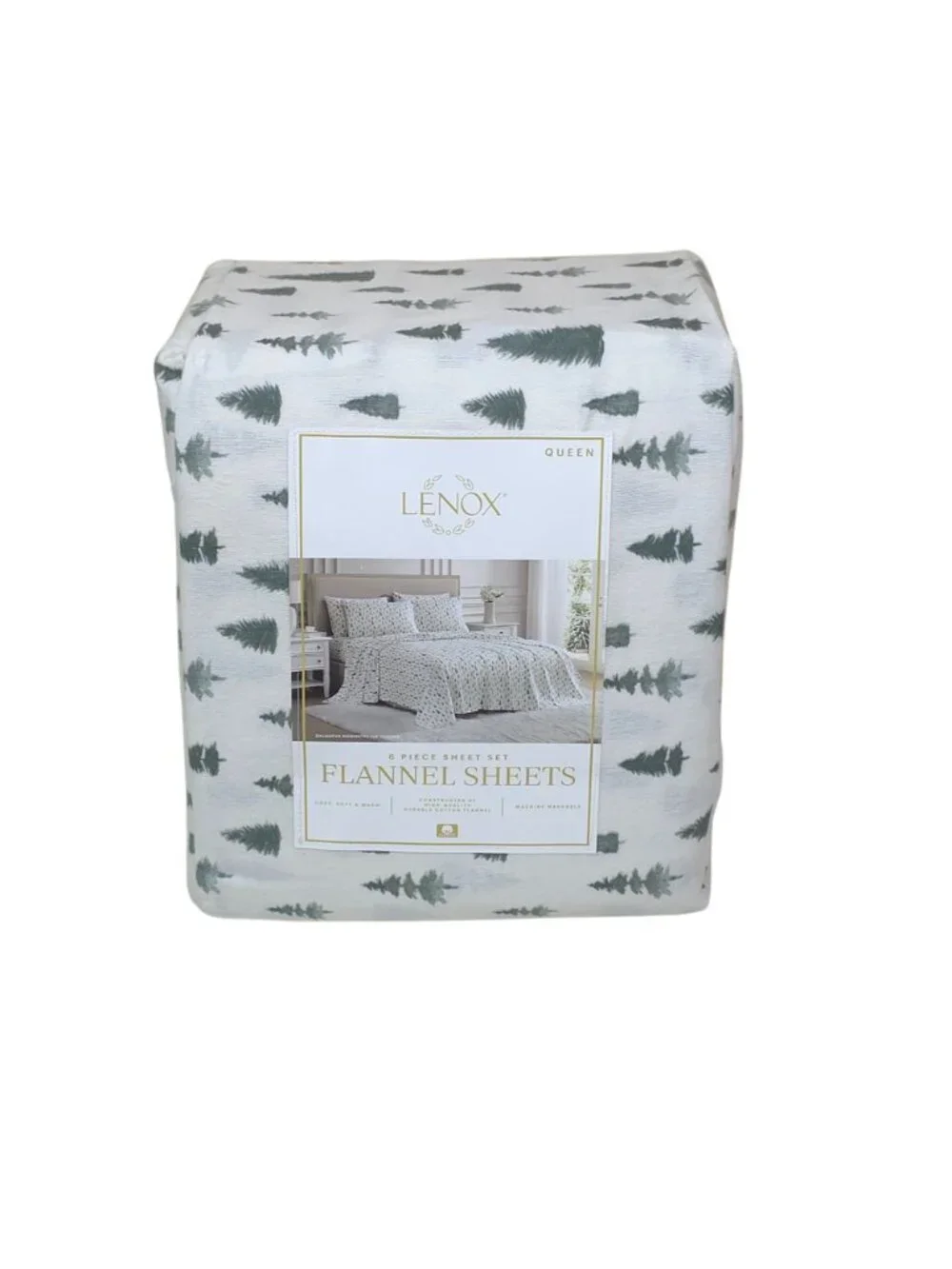 Lenox 6-Piece Queen Flannel Sheet Set Pine Trees Green 100% Cotton Warm & Cozy